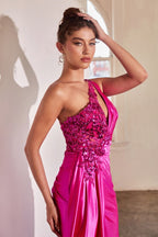Cinderella Divine CDS454 Long One Shoulder Satin Beaded Lace Trim Dress